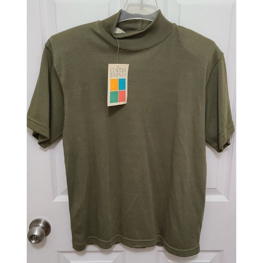 NEW Vtg Claudia Barnes Women's Short Sleeve Mock Neck Top Button Back Green Sz M